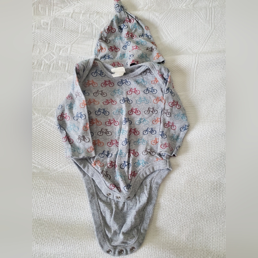 MEC 6 month bicycle onesie and hat